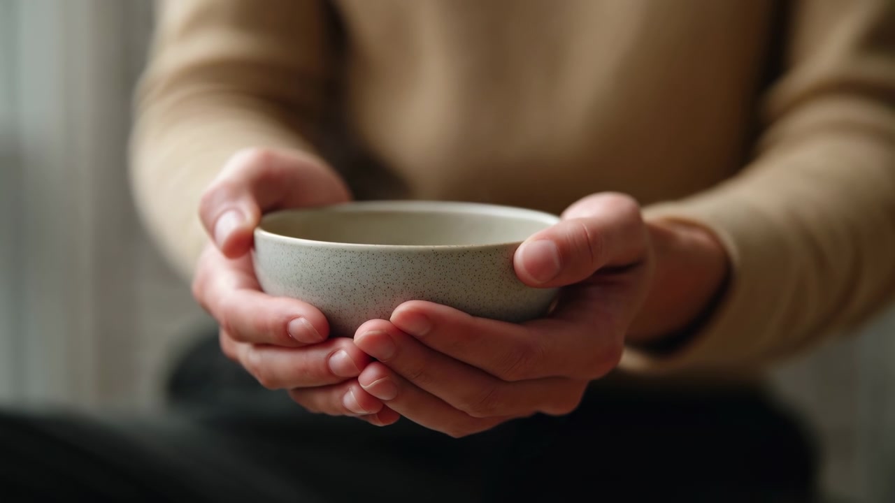 Mani presentano delicatamente una piccola ciotola di ceramica in un gesto di offerta, con i palmi che avvolgono la base e i pollici che poggiano sul bordo, mentre le punte delle dita rilassate sostengono la parte inferiore in una luce naturale soffusa e un'atmosfera domestica calma