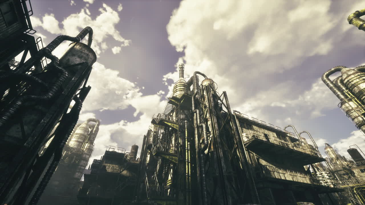 Industrial cathedral with drone view revealing access points and networks