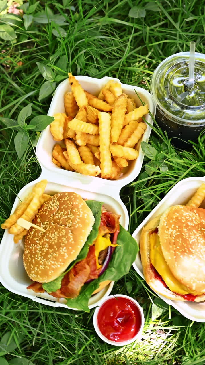 Vista superior de hambúrgueres, batatas fritas e bebida em piquenique ao ar livre. Layout plano de hambúrgueres deliciosos, batatas fritas crocantes, ketchup e refrigerante dispostos na grama durante o almoço de piquenique