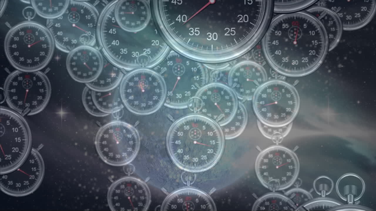 태양계, 지구 행성 및 시계의 타이킹에 대한 우주 애니메이션