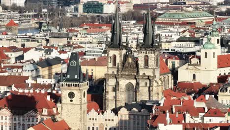 aerial view of church of our lady before tyn and powder tower in prague