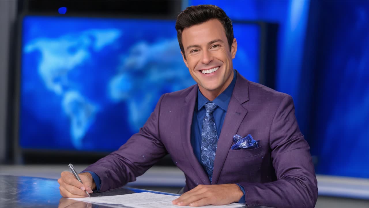 A Confident News Anchor Smiling Enthusiastically While Presenting on Camera, Offering Insightful Information and Engaging Viewers with a Professional Demeanor