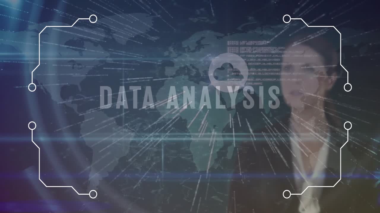 In office, business professionals analyzing data with digital world map animation