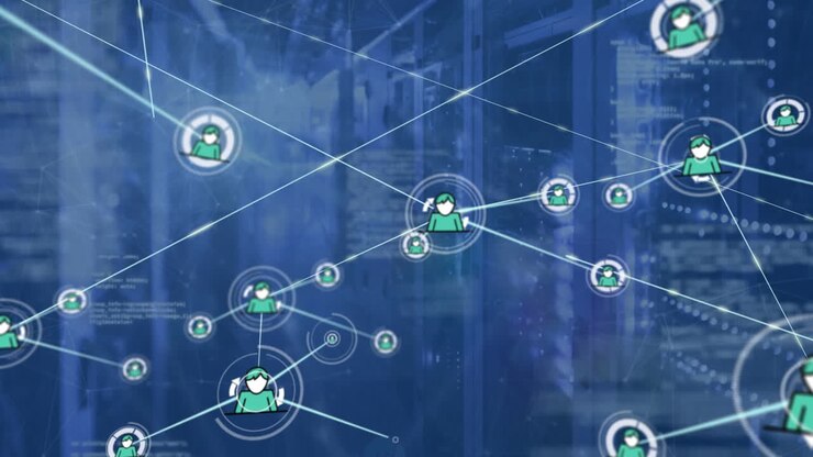 Animation of profile icons network connecting with lines against computer server