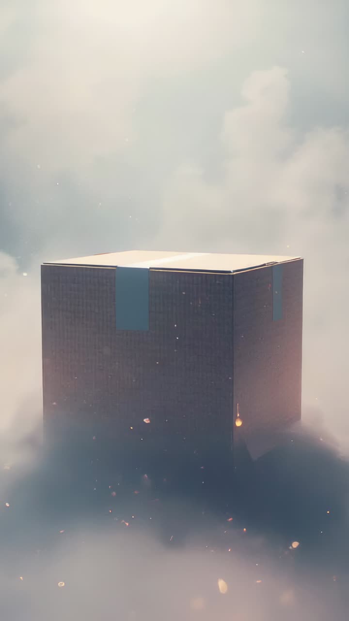 Vertical video: Thinning fog, camera rising revealing dark cube among clouds with blue tape, embers