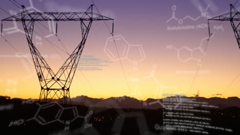 estructuras químicas con códigos de programa y un fondo de torres de transmisión