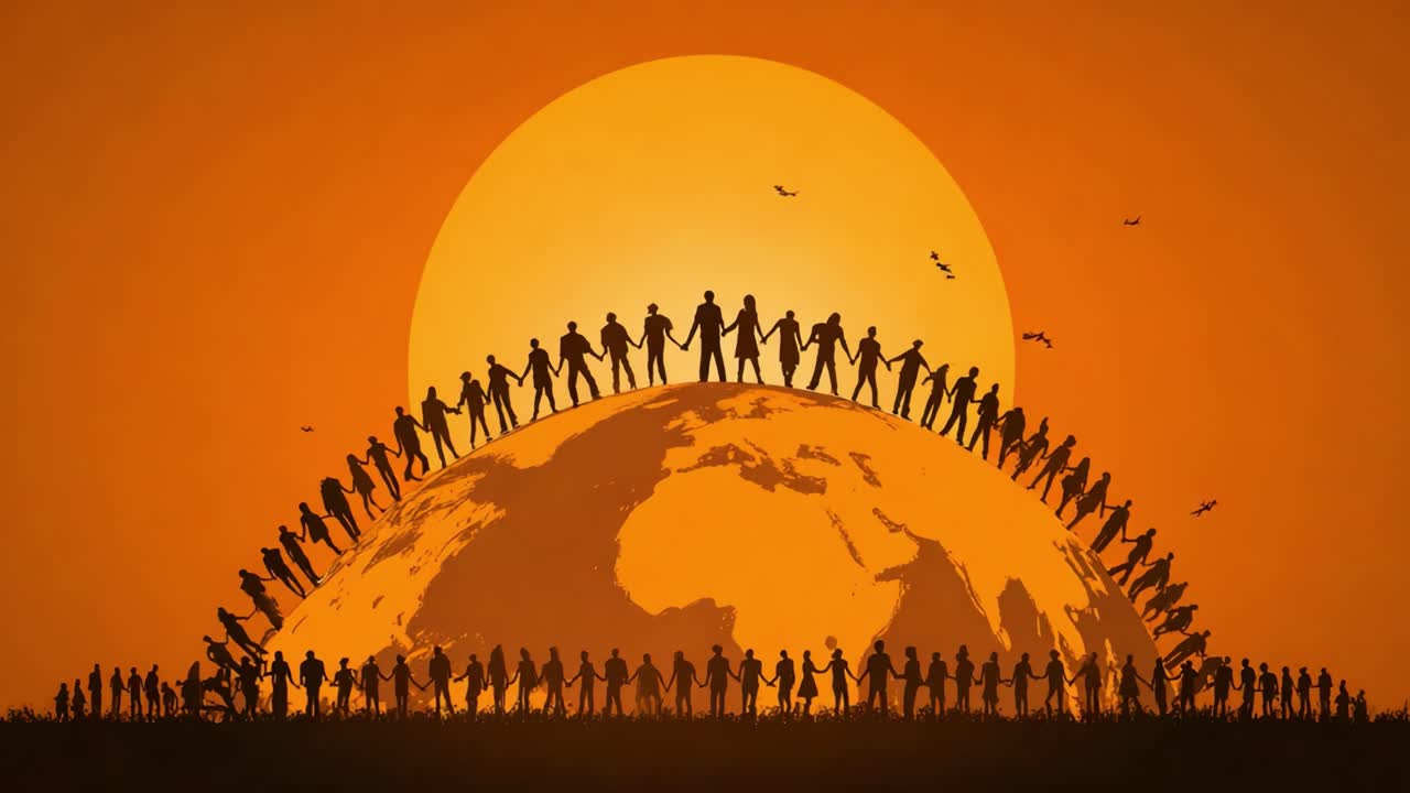 A Global Community United: Silhouetted Figures Standing Together on a Globe Against a Vibrant Sunset Background, Symbolizing Unity and Togetherness Across Continents