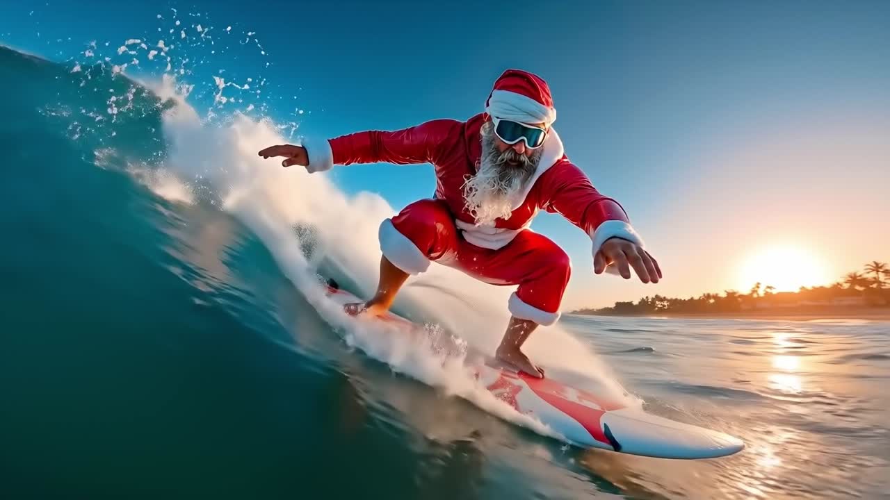 A man in a santa suit riding a surfboard on a wave