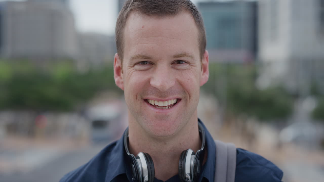portrait successful young caucasian business man laughing enjoying professional urban lifestyle in city