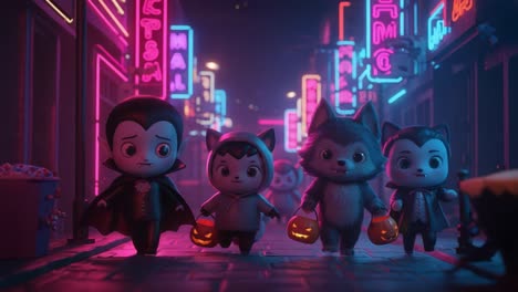 four charming animated characters dressed as classic halloween figures walk through a vibrant, neon-lit street, holding pumpkin baskets filled with treats, creating an enchanting festive atmosphere