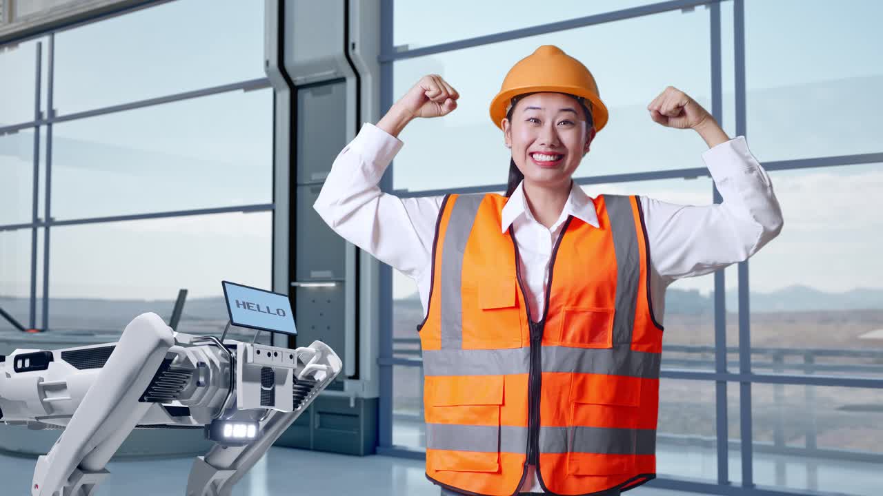 현대 공장에서 로으로 성공을 축하하는 여성 엔지니어