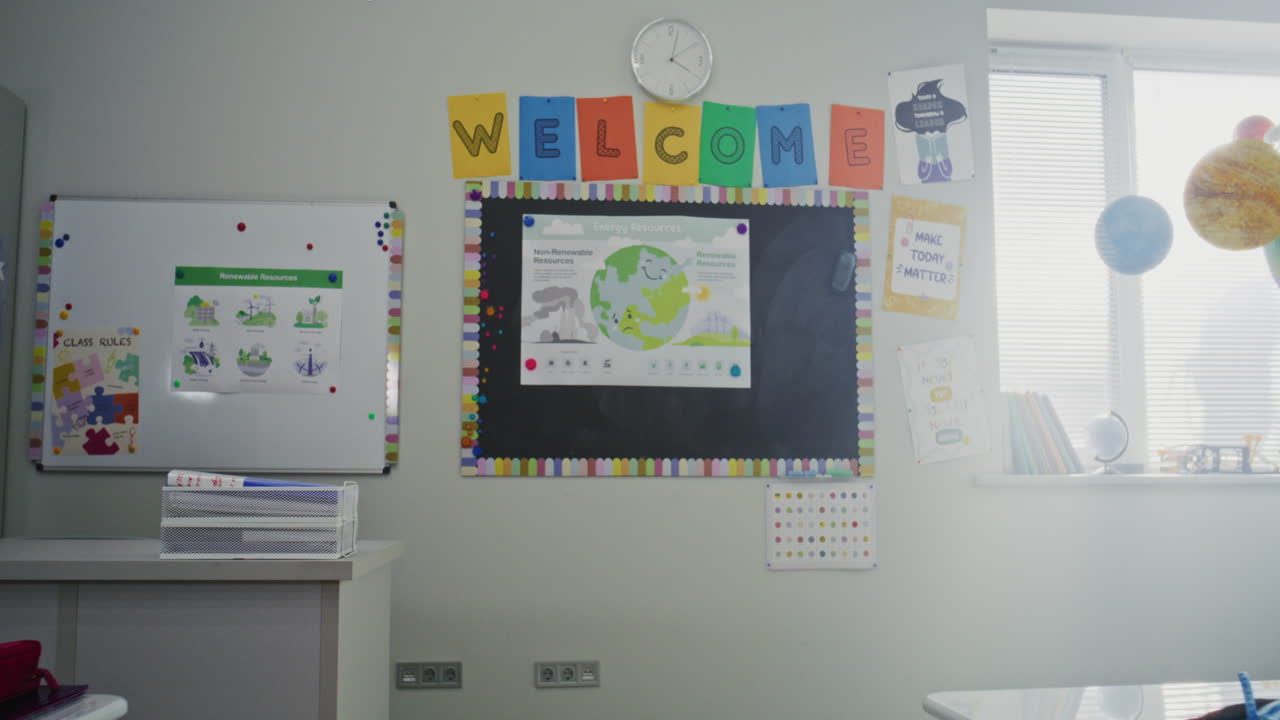 Interior of Modern Empty Elementary School Classroom with Desks for Students