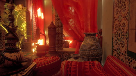 moroccan interior design with red accents and intricate tilework