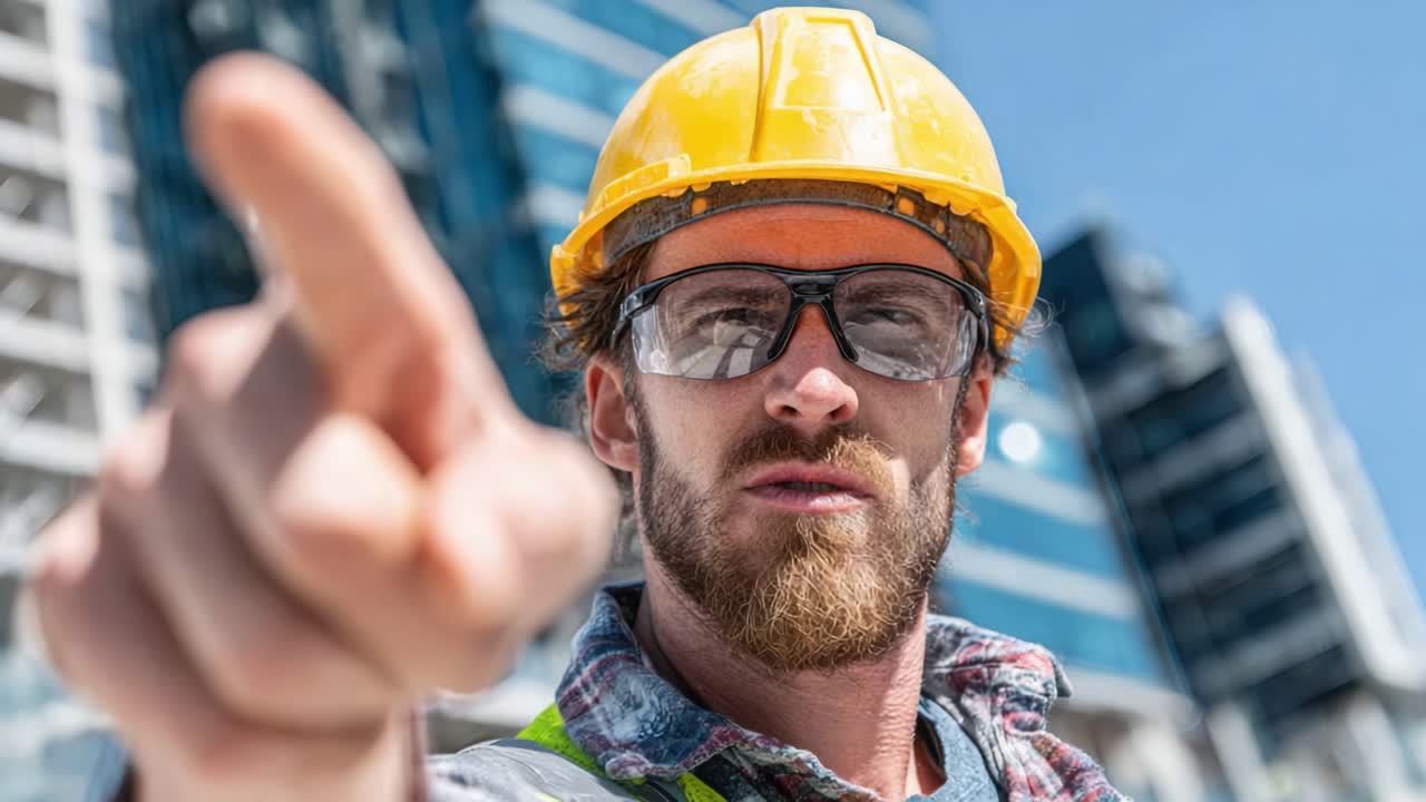 A determined construction worker with a hard hat and safety glasses passionately emphasizes a critical point, showcasing leadership and commitment on the job site