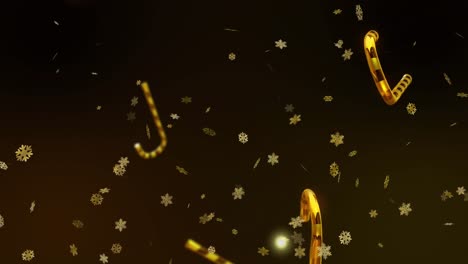 Animation-of-christmas-candy-canes,-gold-stars-and-snow-falling-on-black-background