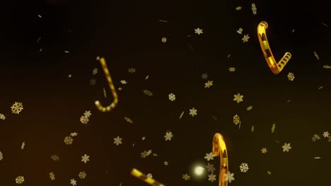 Animation-Von-Weihnachtszuckerstangen,-Goldenen-Sternen-Und-Schnee,-Der-Auf-Schwarzen-Hintergrund-Fällt