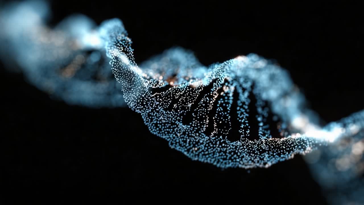 Una rappresentazione artistica della struttura del DNA caratterizzata da un flusso dinamico di particelle e luce su uno sfondo scuro, che cattura l'essenza del materiale genetico