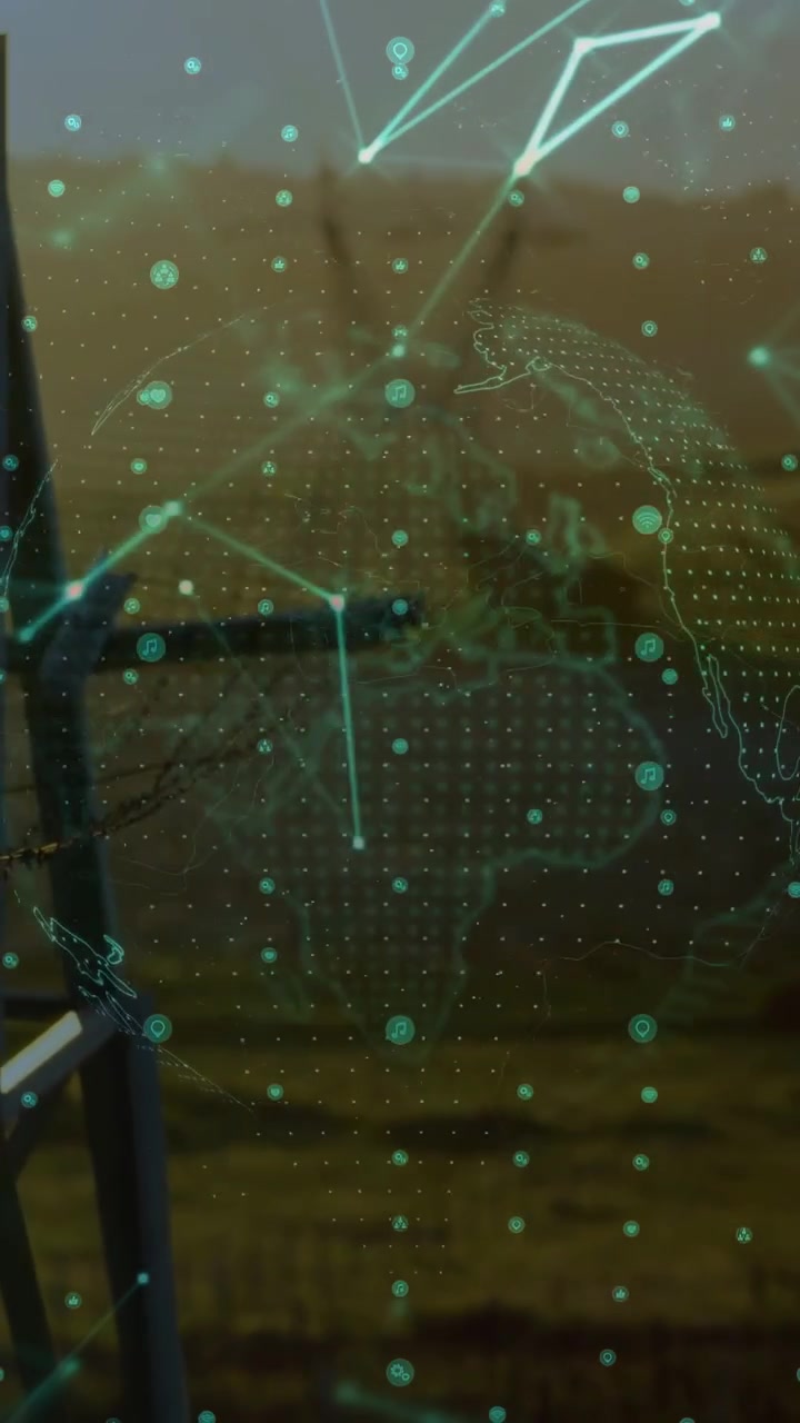 Vertical video: On activation cyan holographic globe on window rotating and pulsing to show data