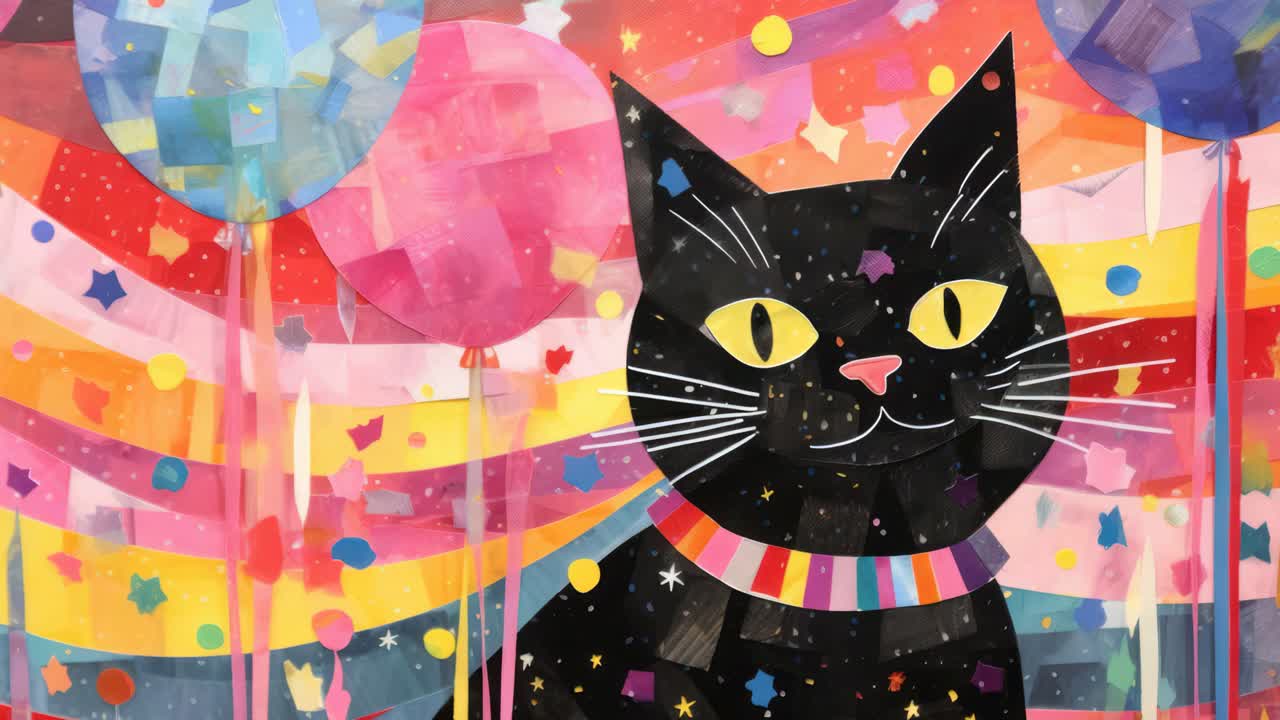 Kolase penuh warna seekor kucing hitam dengan balon dan bintang, dilihat dari depan