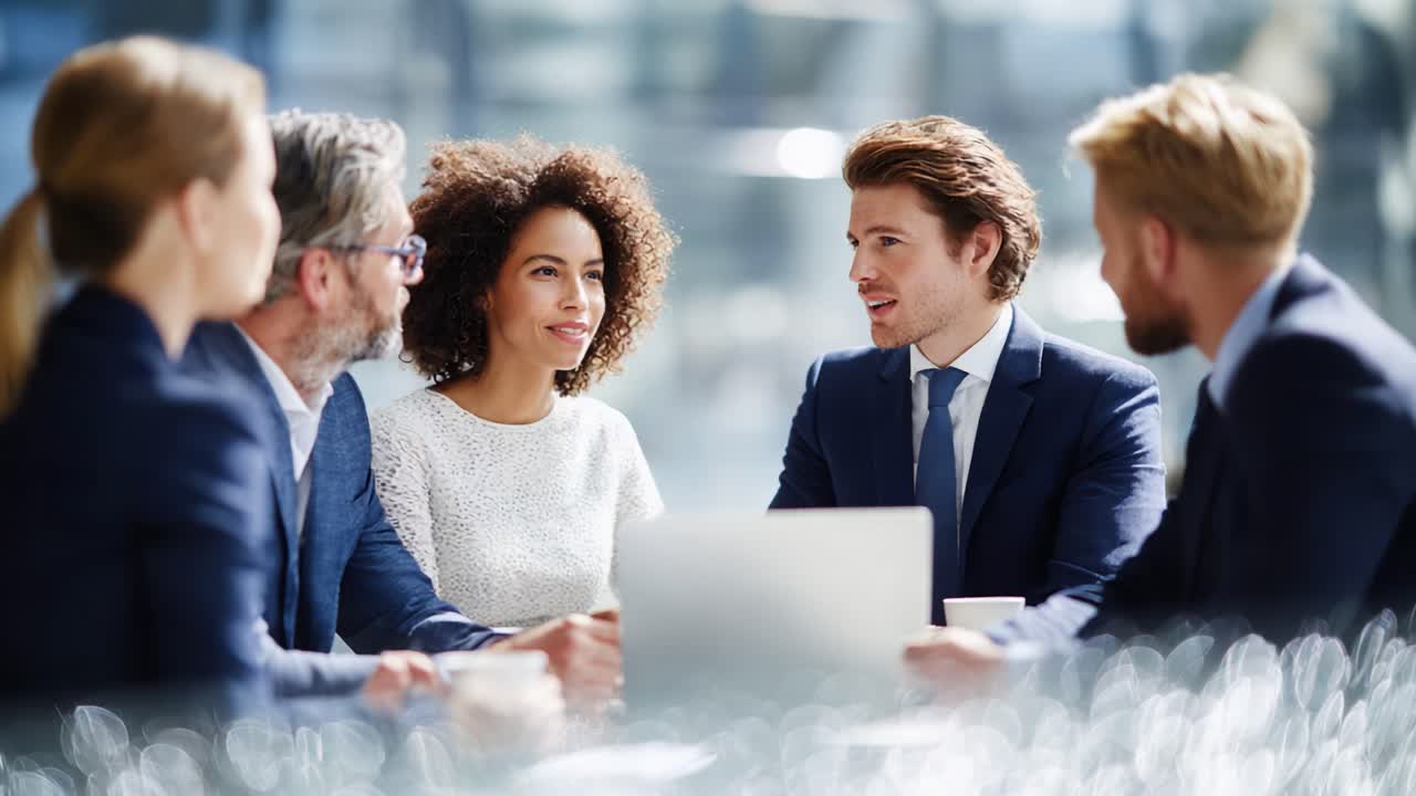 Engaging Business Meeting: Professionals Collaborating and Discussing Innovative Ideas in a Modern Workspace with a Focus on Team Dynamics and Communication