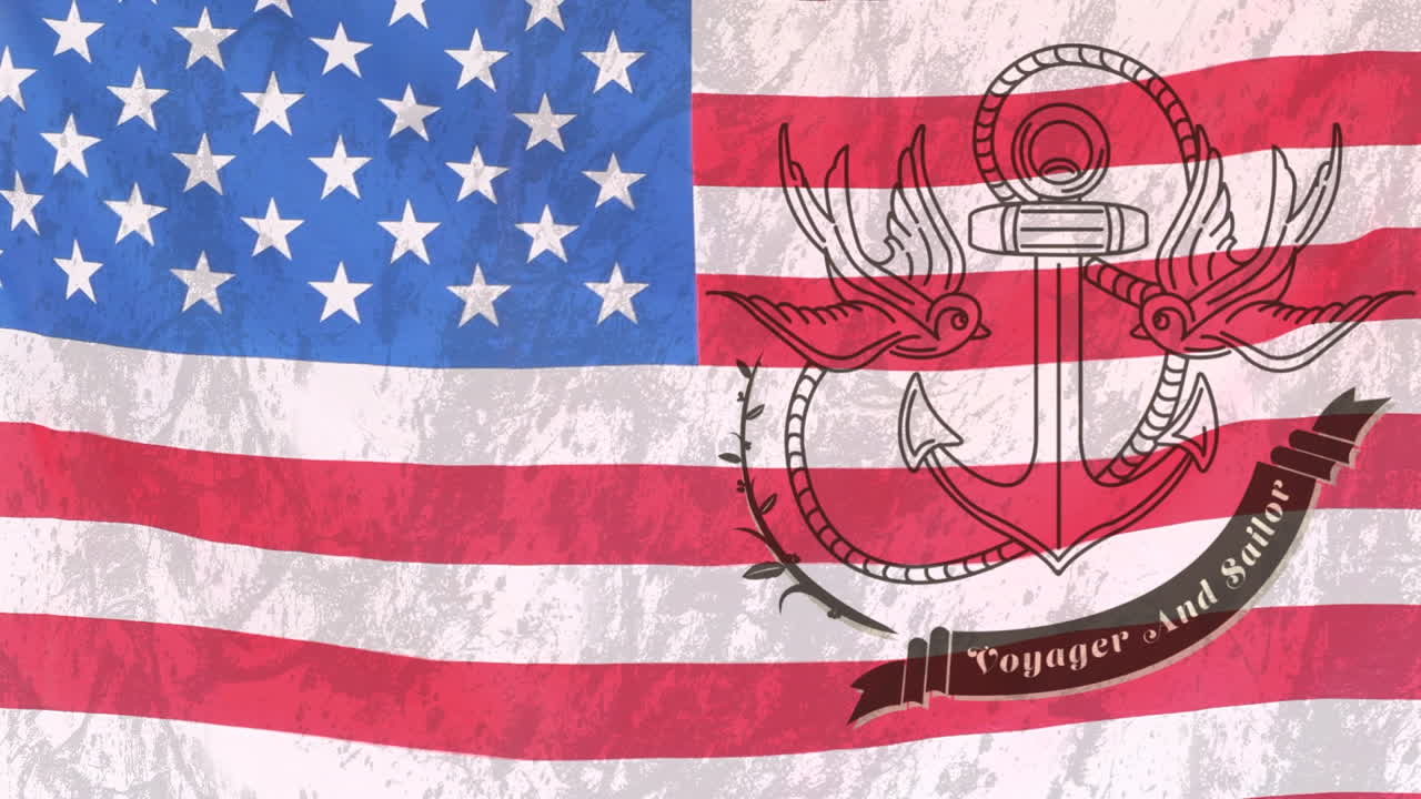 animación del ancla con texto de coyager y marinero sobre la bandera estadounidense