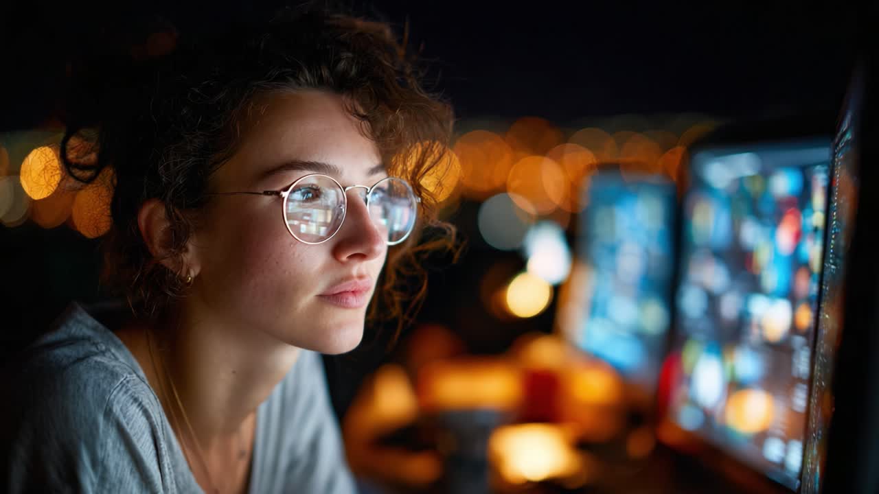 Contemplative Young Woman Engrossed in Computer Work with a Blurred City Background Illuminated by Soft Evening Lights