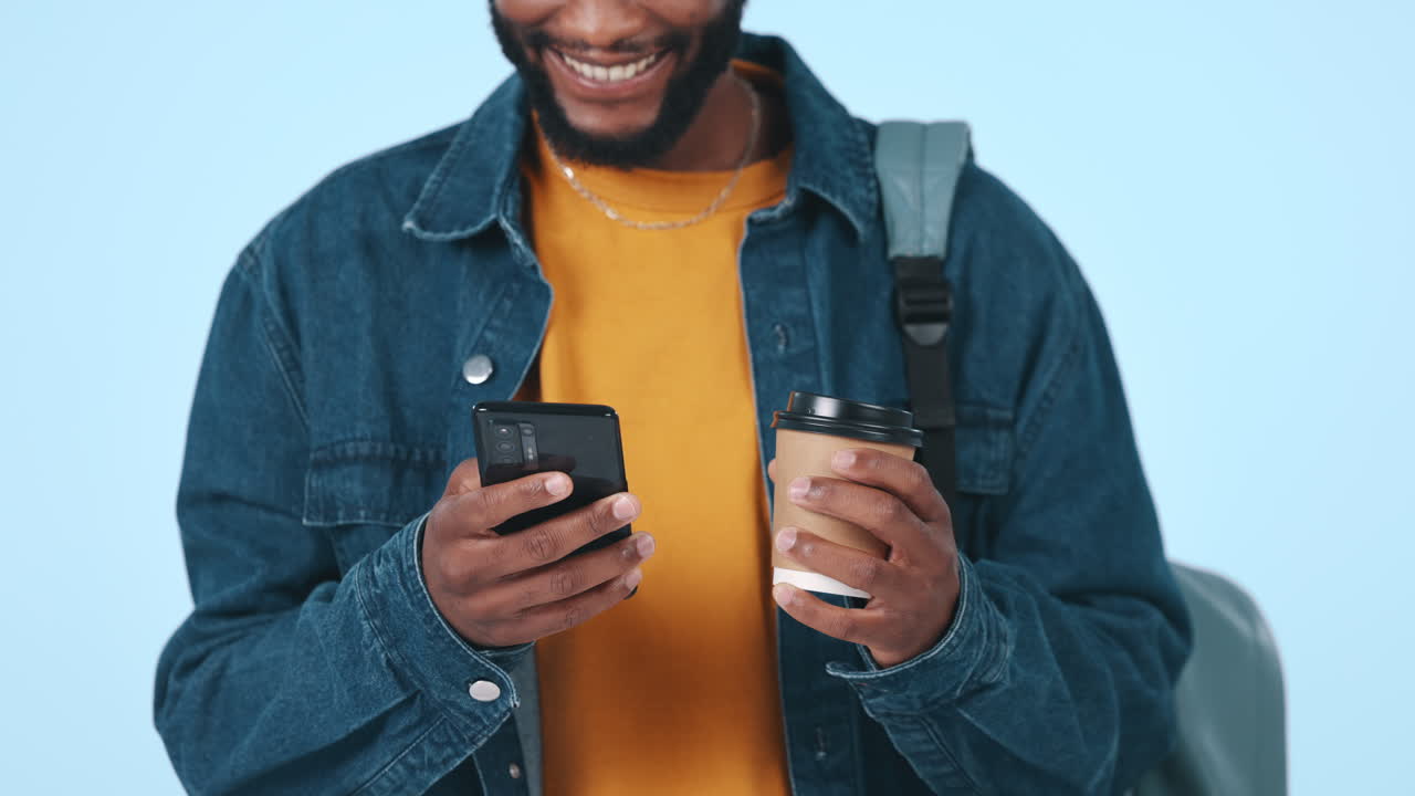 Black man, smartphone and coffee with student
