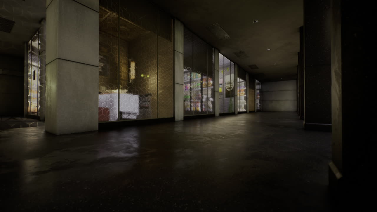 Corredor urbano abandonado con reflejos y luz tenue a altas horas de la noche