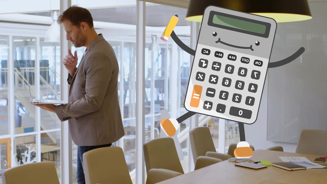 Animación de un icono de calculadora sobre un pensativo empresario caucásico usando una tableta digital en la oficina