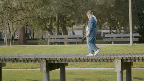 pareja de ancianos caminando en el parque de la ciudad en un cálido día de otoño