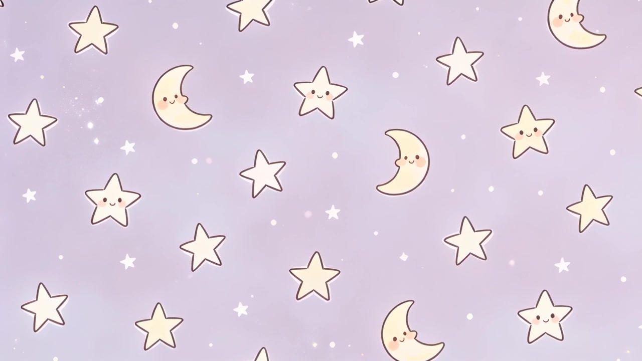 Looping lavender backdrop shifting smiling cream crescent moons, 5-point stars and sparks