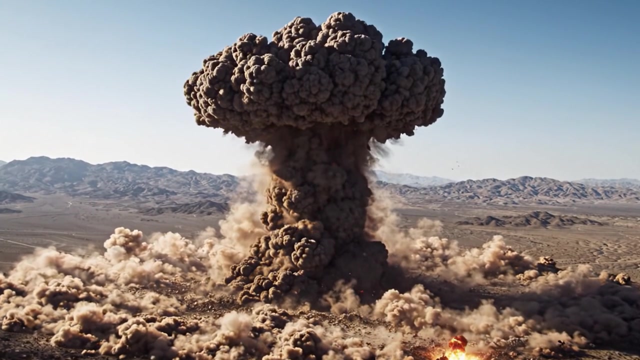 Dynamische Explosionssequenz: Ein detaillierter Blick auf die Bildung einer massiven Pilzwolke und ihre umgebenden Auswirkungen auf die Wüstenlandschaft