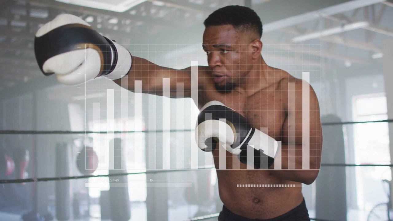 Male boxer training, starting jab, throwing short combos, retracting to guard, HUD tracking bars