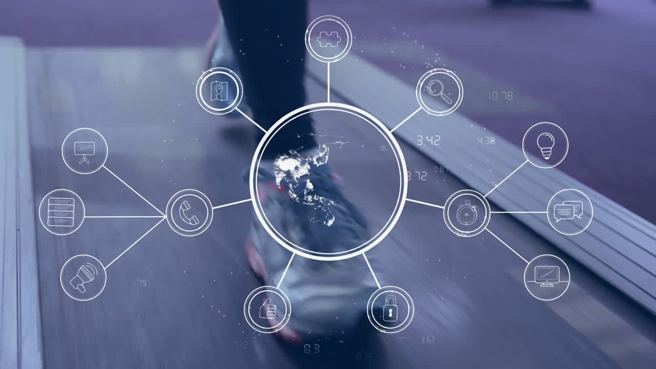 Fitness tracking and data analysis animation over person running on treadmill