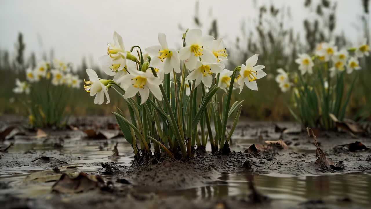 Allontanamento della camera che rivela un ammasso centrale di narcisi che ondeggia nell'acqua fangosa per mostrare il prato vicino