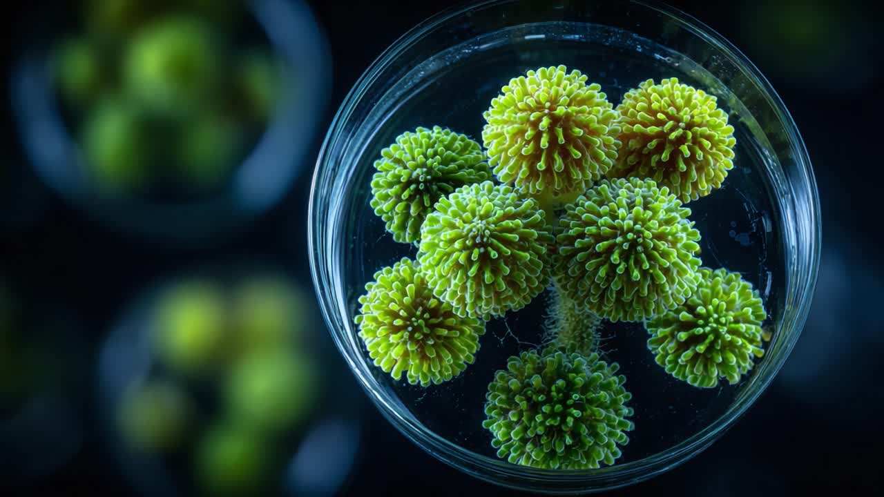 Uno splendido primo piano di strutture botaniche verdi vibranti in un recipiente trasparente, che cattura dettagli intricati della natura ingannevolmente viva sott'acqua