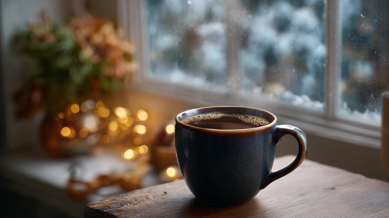 Una scena invernale accogliente che presenta una tazza di caffè fumante posizionata su un tavolo di legno accanto a una finestra, adornata con fiocchi di neve scintillanti e decorazioni natalizie.