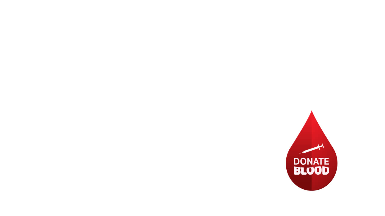 Animation of donate blood text with syringe in red blood droplet logo, on white background