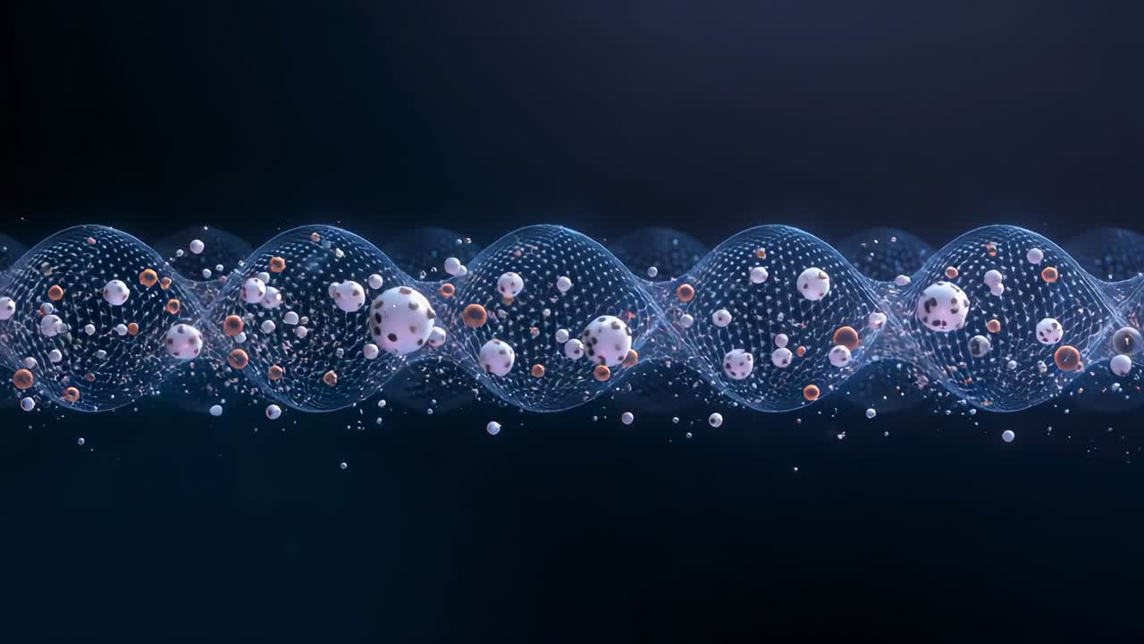 Shifting helical ribbon nudging right, waving across navy, spreading speckled spheres showing depth