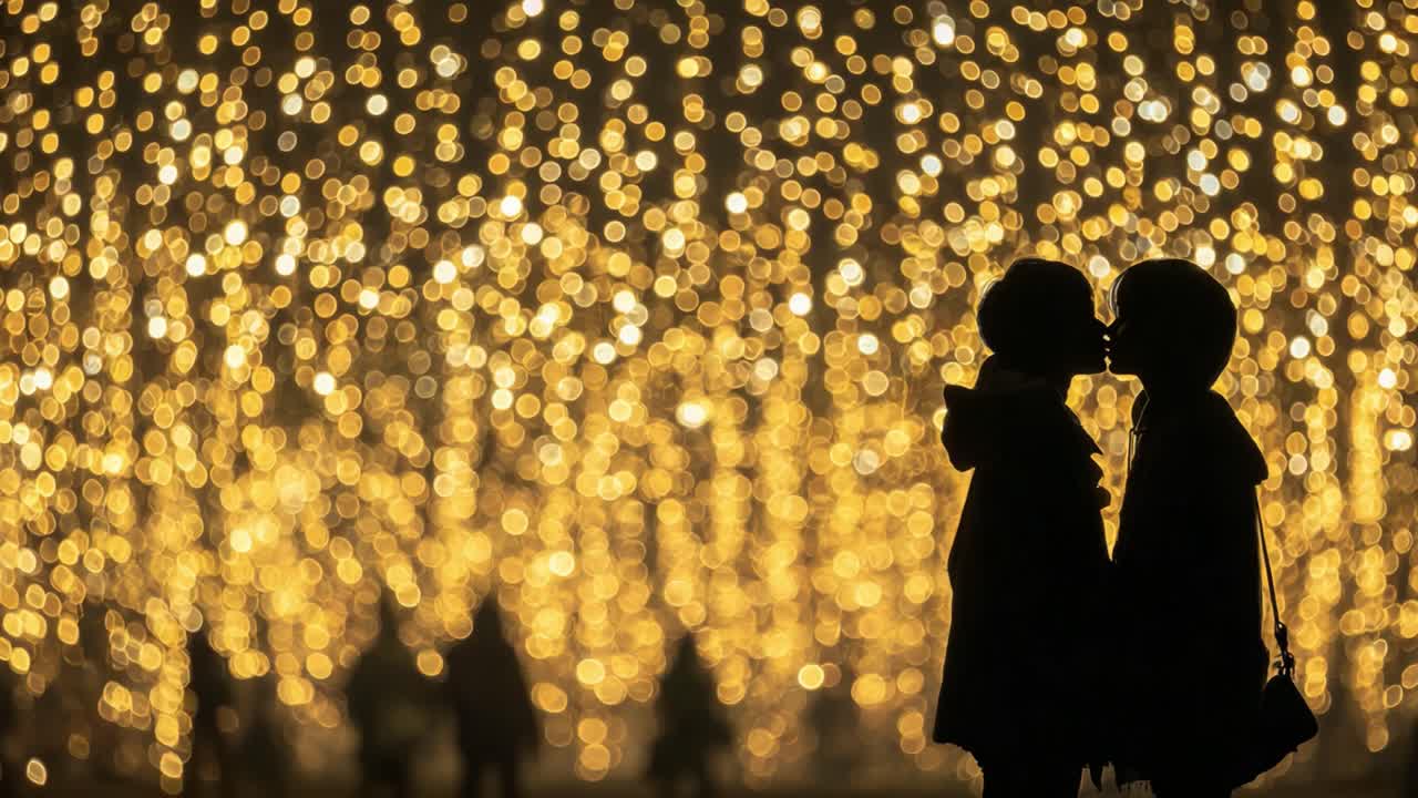 A Heartfelt Moment: Two Silhouetted Figures Share a Tender Kiss Against a Magical Background of Glimmering Golden Lights, Celebrating Love and Connection in a Dreamy Atmosphere