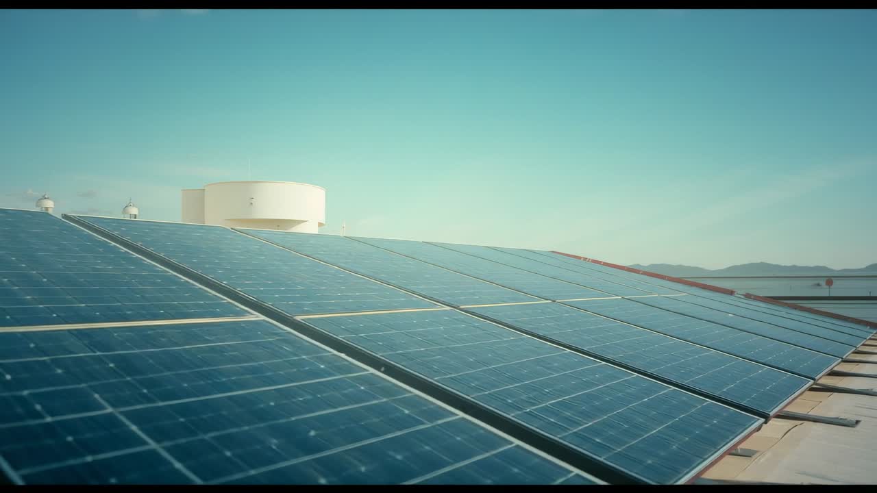 Panning camera low-left, revealing rooftop photovoltaic panels with water tank, showcasing power