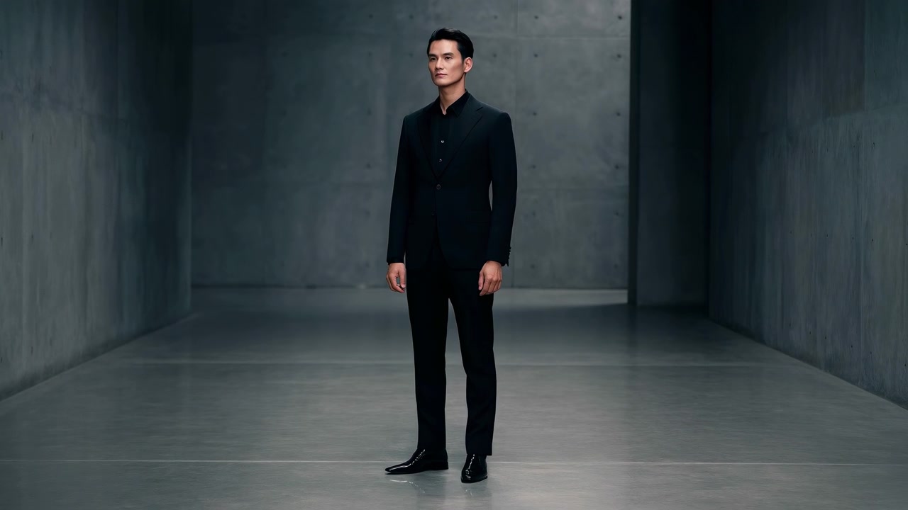 Full-body adult male in black single-breasted suit and black shirt stands centered in spacious minimalist concrete corridor, with subtle posture shifts, slight head turns, soft shadows, and clean