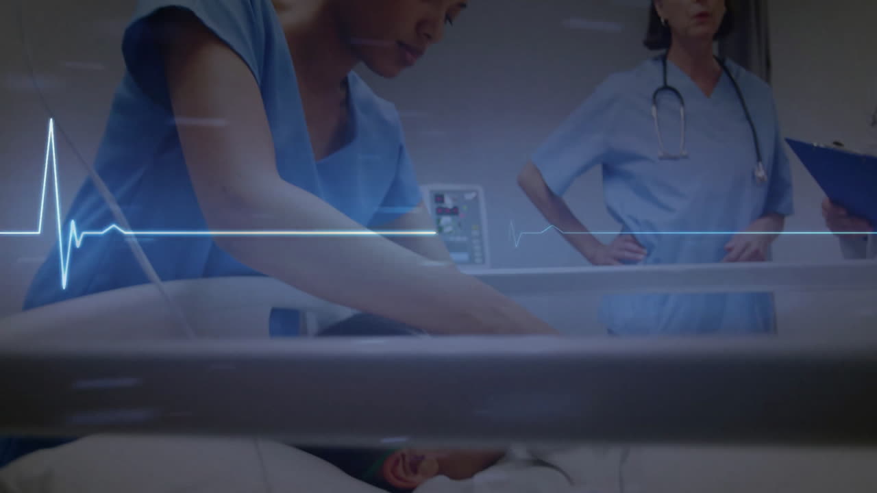 병원에서 다양한 의사와 소년 환자에 대한 파란색 심장 박동 모니터의 애니메이션