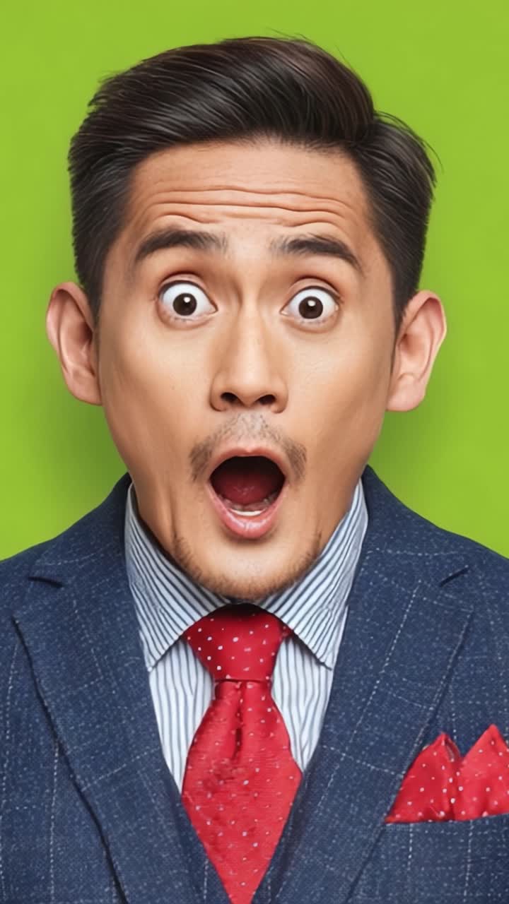 An Expressive Individual Captures Surprise and Delight with a Genuine Reaction against a Vivid Green Background, Highlighting the Emotions of Joy and Amazement