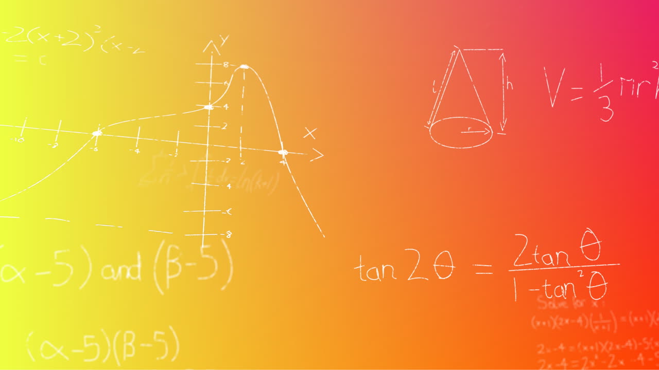 Animation of hand written mathematical formulae over yellow to red background