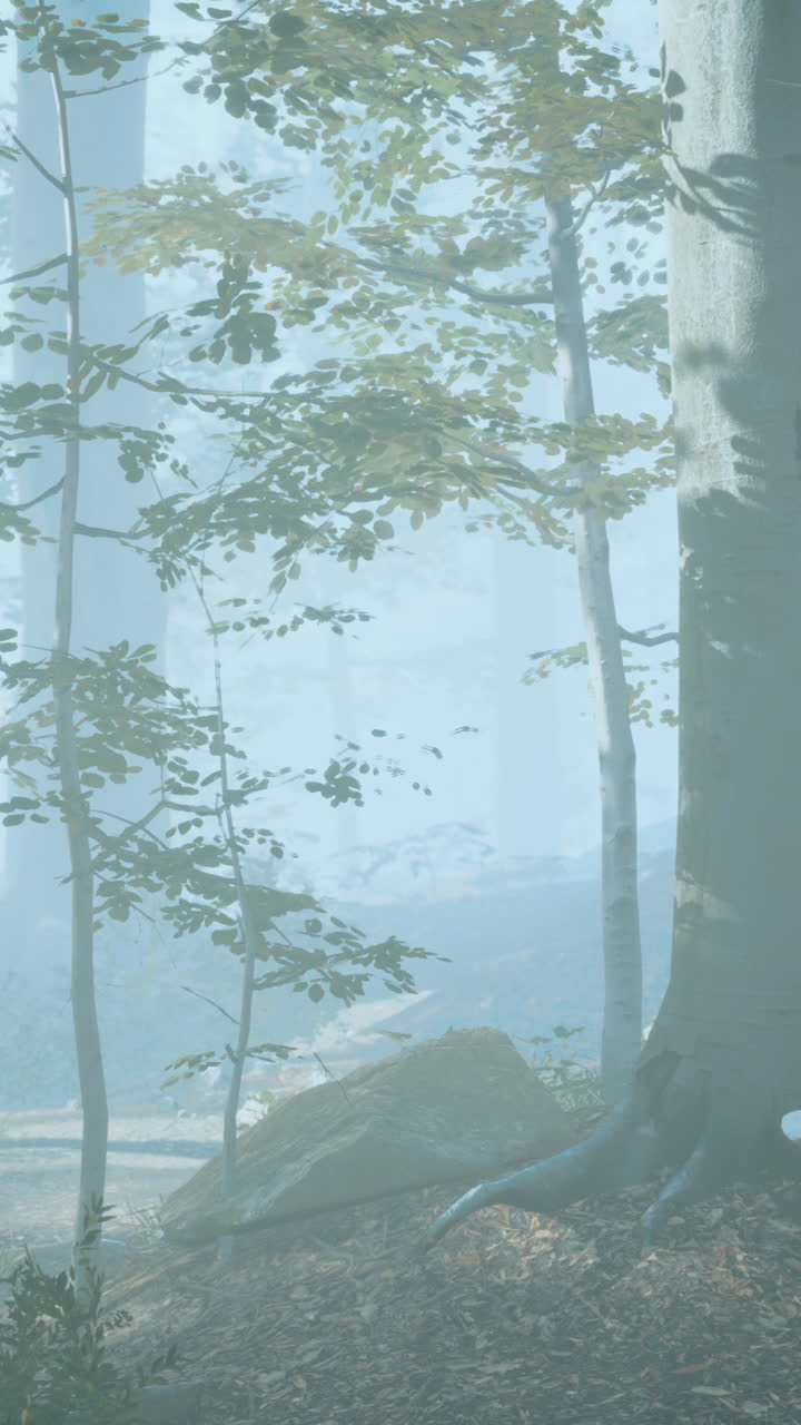 추운 안개 아침에 푸른 숲의 파노라마