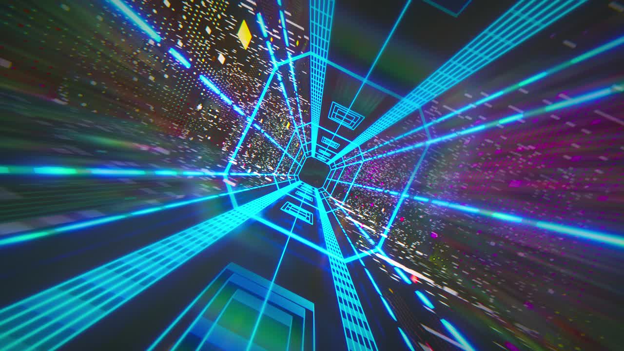 renderizado 3d, fondo geométrico abstracto, luz ultravioleta fluorescente, líneas de neón brillantes que giran dentro del túnel, espectro azul rojo rosa púrpura, formas que giran alrededor, animación en bucle video de stock