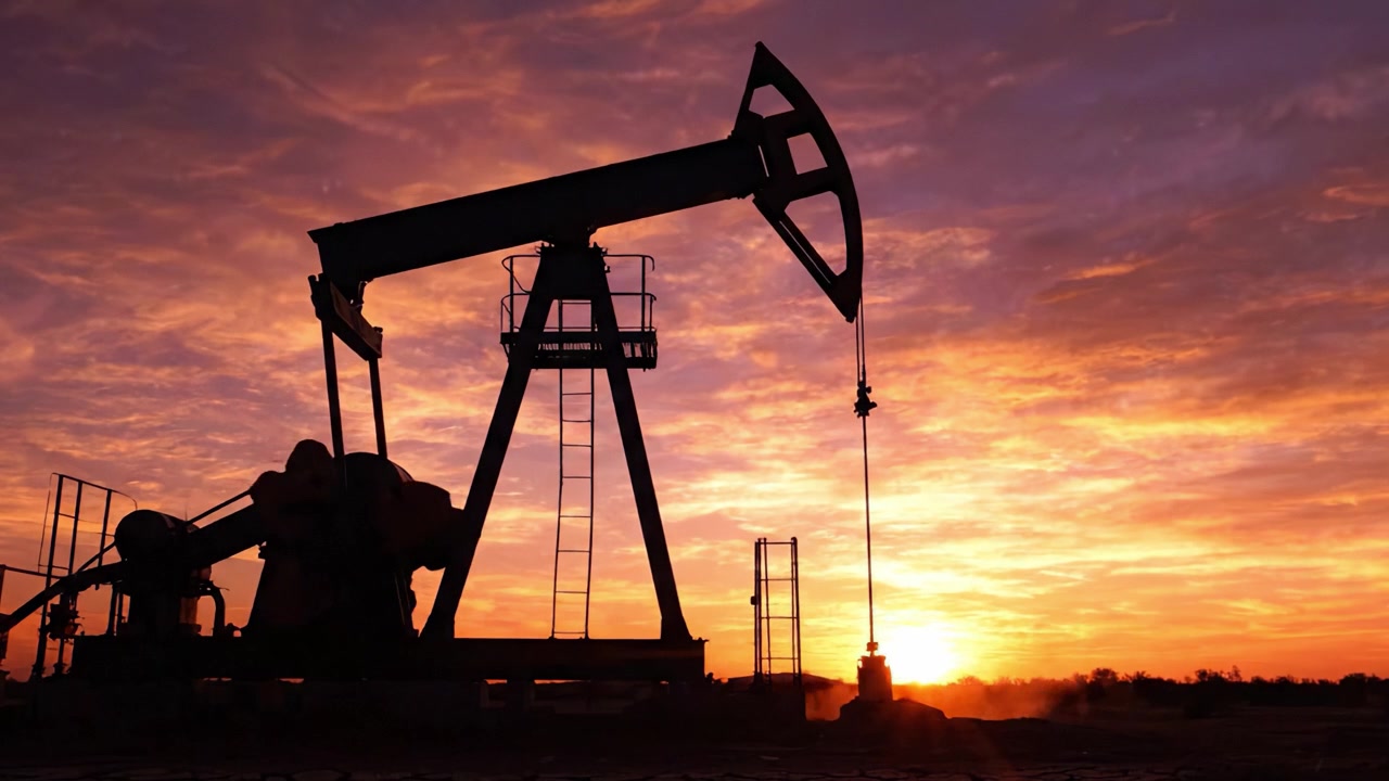 Silhouette of an Oil Pumpjack Against a Vibrant Sunset Sky with Majestic Colors Highlighted by the Glowing Horizon in a Remote Landscape Environment