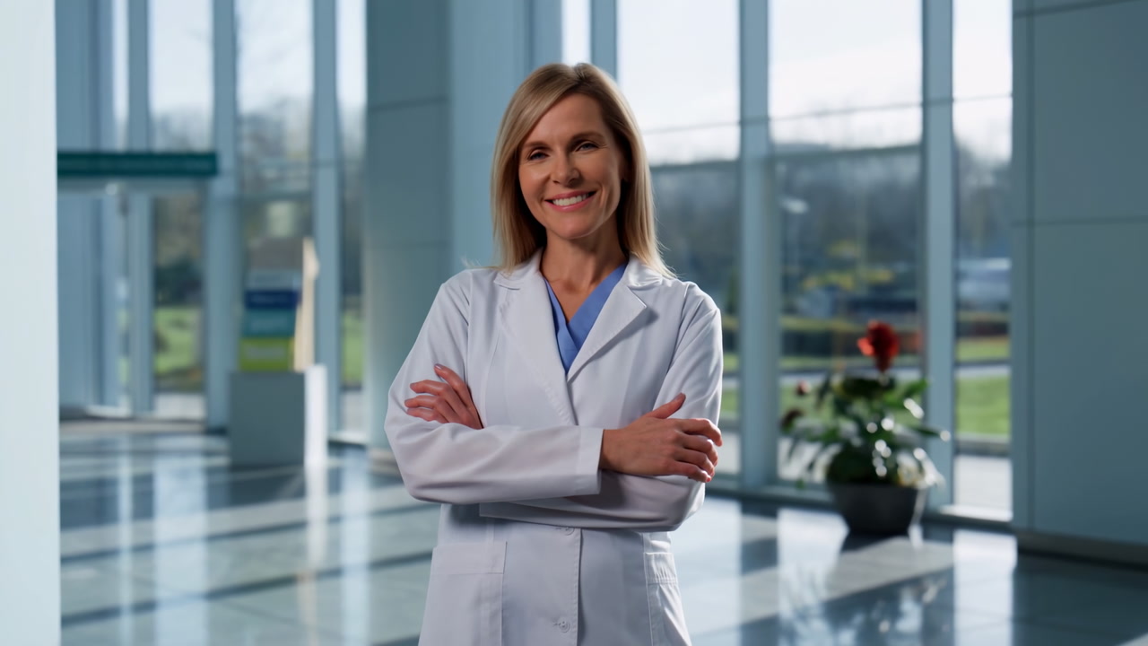Female Caucasian Doctor Standing Arms Crossed Lead Physician Mentoring Staff Wearing White Lab Coat And Blue
