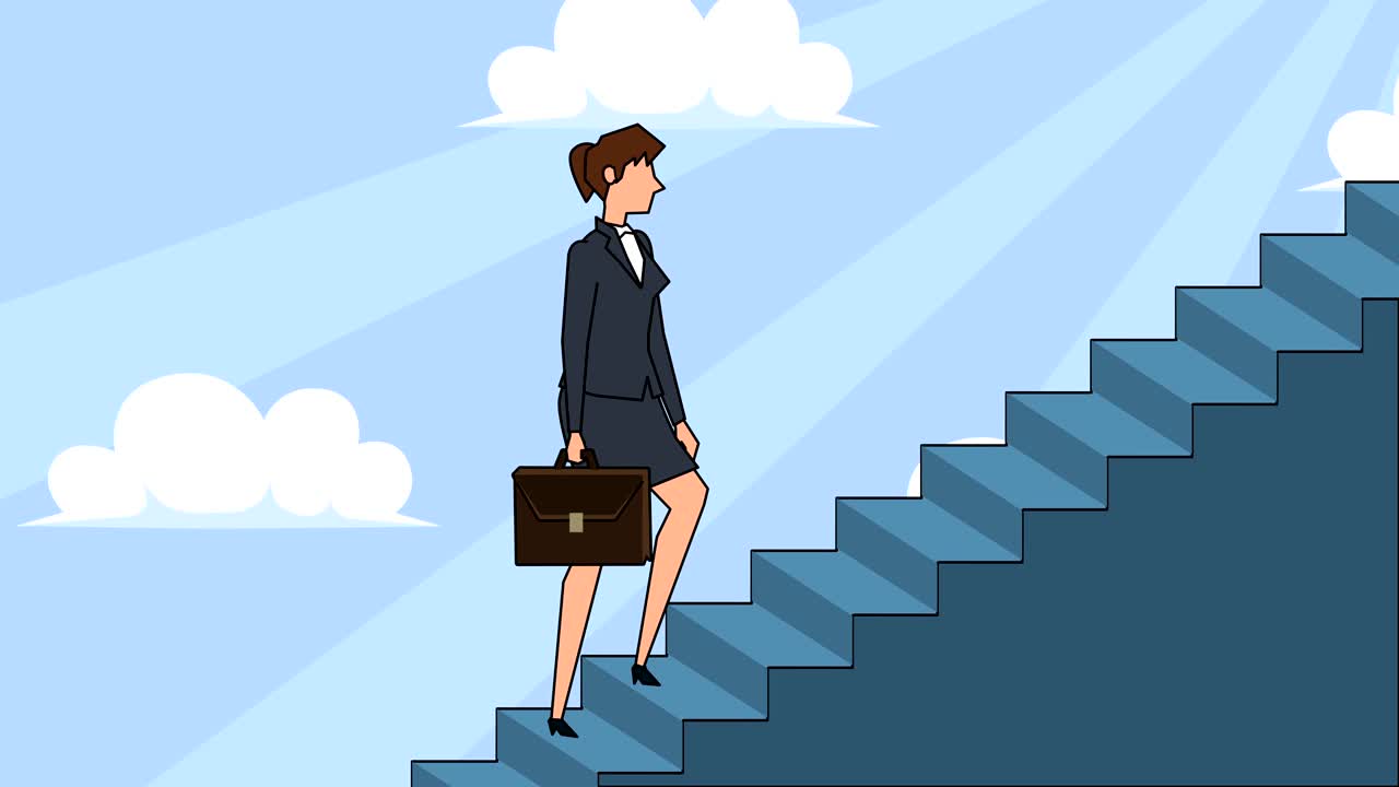 케이스 가방을 가진 평평한 만화 사업가 캐릭터가 경력 사다리 계단을 올라간다 개념 애니메이션
